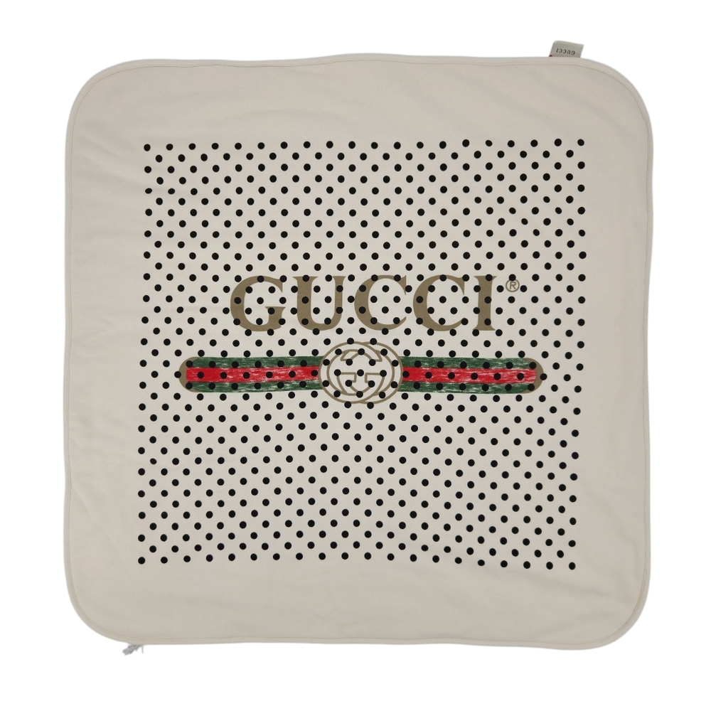 Gucci Beige Polka Dot Baby Blanket with Logo and Web Stripe Design Made in Italy